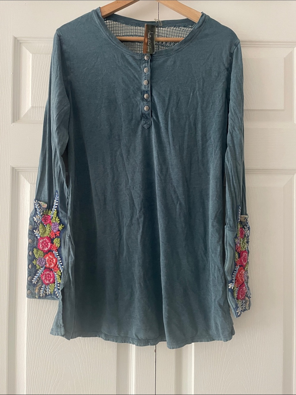 Aratta Silent Journey embroidered Button Henley Tunic in Dusty Teal
